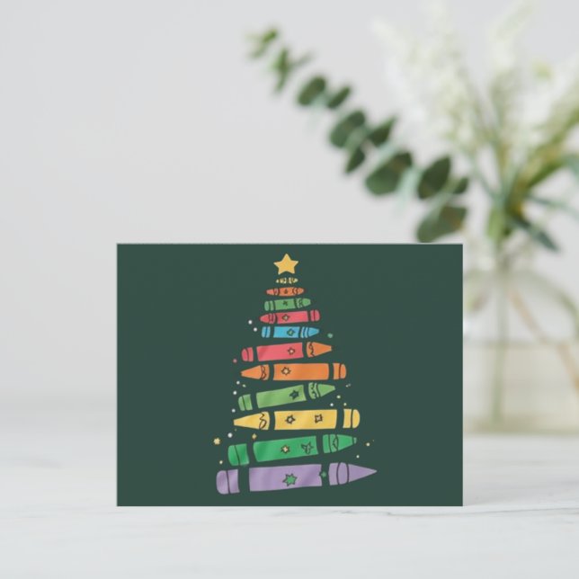 Postal Festiva Navidades Teacher Crayon Tree Cute Xmas Luces (Anverso de pie)