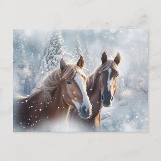 Postal Festiva Navidades Temporadas Saludos Caballos Nieve (Anverso)