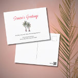 Postal Festiva Navidades Tropical Simple Palm Trees Beach<br><div class="desc">Navidades tropicales saludando la postal,  con un ilustracion de palmeras y tipografía de escritura. Con letras de personalizable rojas y negras,  añades tu propia información. Una forma alegre y festiva envía los deseos de vacaciones a amigos y familia desde la playa.</div>