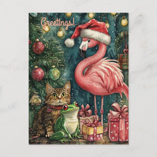 Postal Festiva Navidades tropicales de gato y rana Flamingo rosa (Anverso)