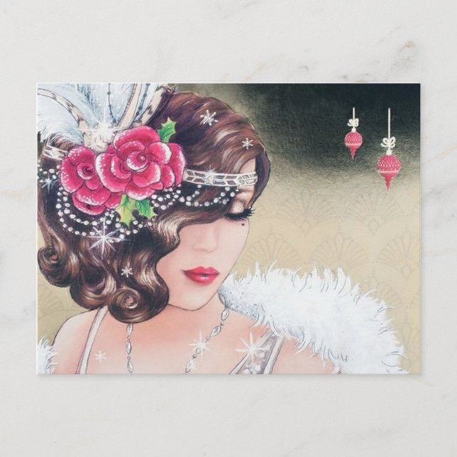 Postal Festiva Navidades vacacionales cutáneo art deco retro (Anverso)