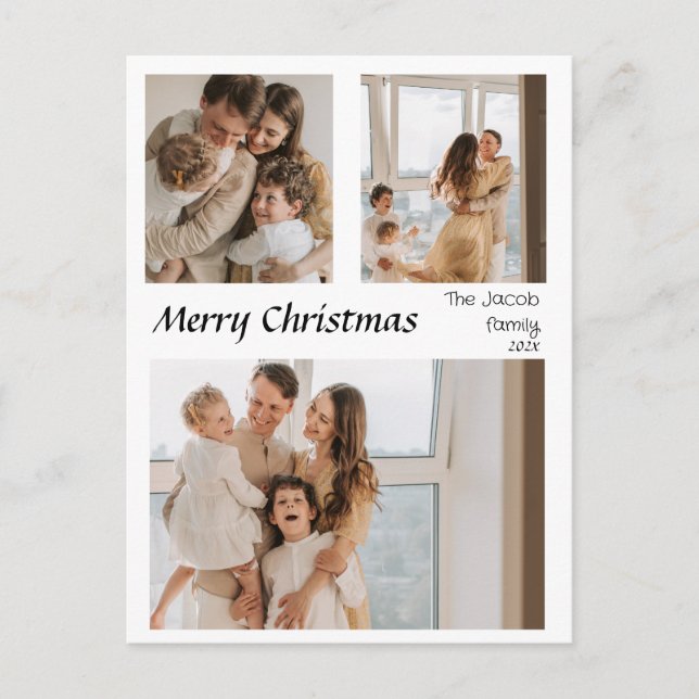 Postal Festiva Navidades vacaciones Script Centrado Tres Fotos (Anverso)