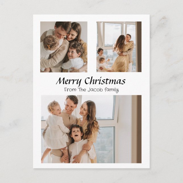 Postal Festiva Navidades vacaciones Script Centrado Tres Fotos (Anverso)