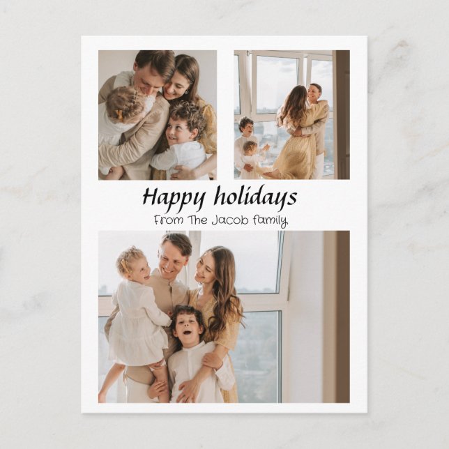 Postal Festiva Navidades vacaciones Script Centrado Tres Fotos (Anverso)