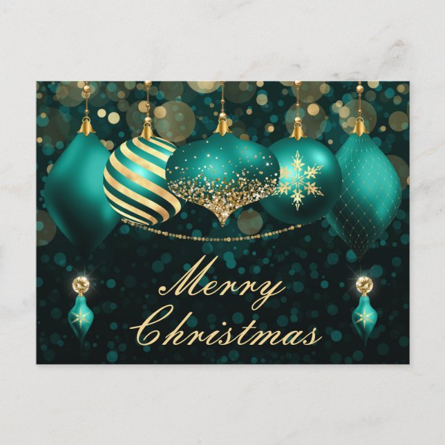 Postal Festiva Navidades verde azulados y dorados baubles adornos (Anverso)