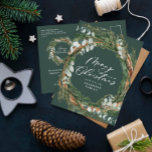 Postal Festiva Navidades verdes de color verde follaje mínimo mod<br><div class="desc">Modernos Navidades botánicos mínimos escribieron feliz Navidad con Navidades navideños podtcard. El eucalipto pintado a mano,  el follaje mínimo y la moderna corona rústica de mimbre le dan a esta tarjeta un ambiente lujoso. En verdes,  marrones y grises elegantes.</div>