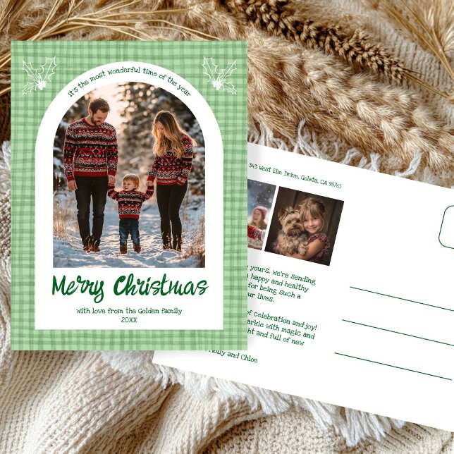 Postal Festiva Navidades verdes de Gingham Personalizado Arch 3 F (Gingham Green Christmas Custom Arch 3 Photo Holiday Postcard
)