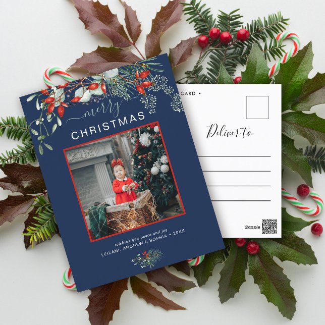 Postal Festiva Navidades verdes foto acuarela marina azul (You will love these beautiful Christmas cards! They feature botanical watercolor pine and berries.)