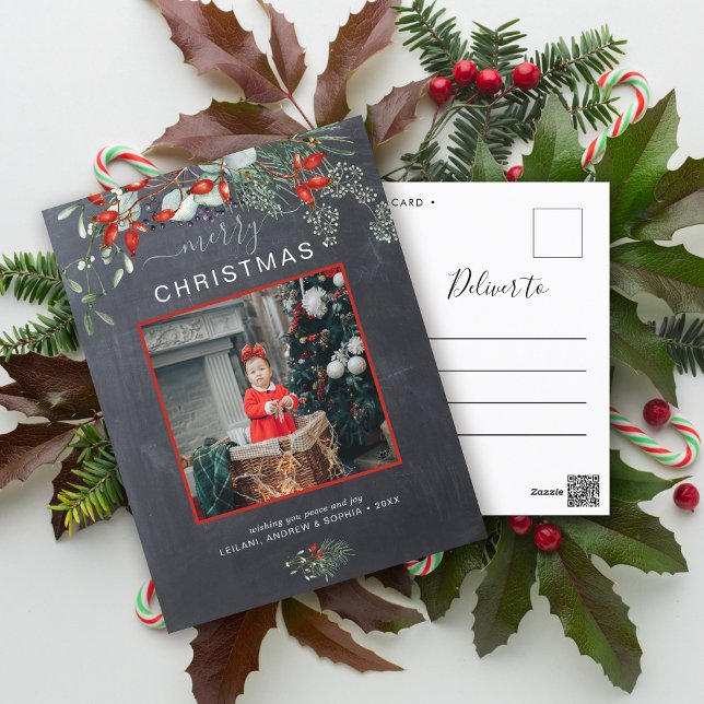 Postal Festiva Navidades verdes Foto Watercolor Chalkboard (You will love these beautiful Christmas cards! They feature botanical watercolor pine and berries.)