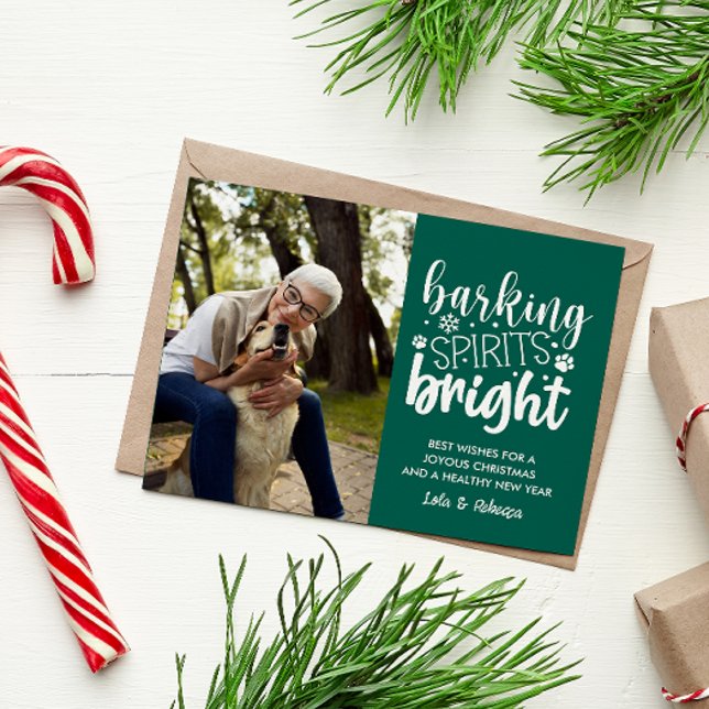 POSTAL FESTIVA NAVIDADES VERDES MASCOTAS BRILLANTES DEL ESPÍRITU  (DOG OWNER  CHRISTMAS POSTCARD BARKING SPIRITS BRIGHT VERTICAL PHOTO TEMPLATE EASY TO CUSTOMIZE )