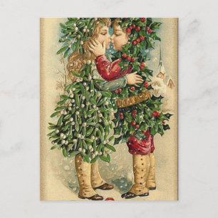 Postal Festiva Navidades victorianos besan festividad retro