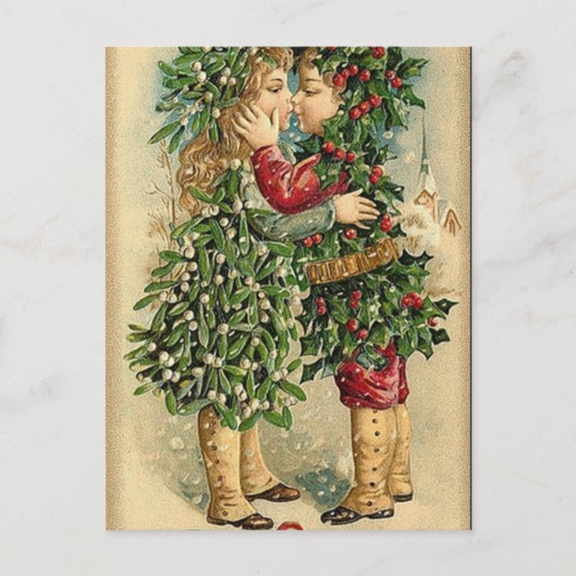 Postal Festiva Navidades victorianos besan festividad retro (Anverso)