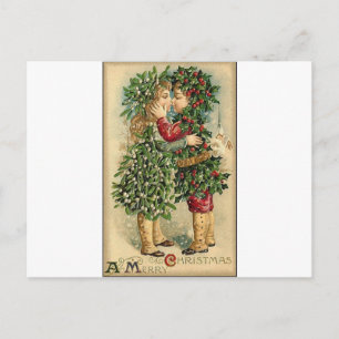 Postal Festiva Navidades victorianos besan festividad retro