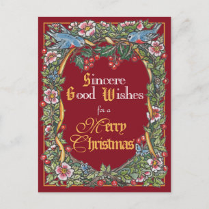 Postal Festiva Navidades victorianos Elegant Bird Holly Burgundy