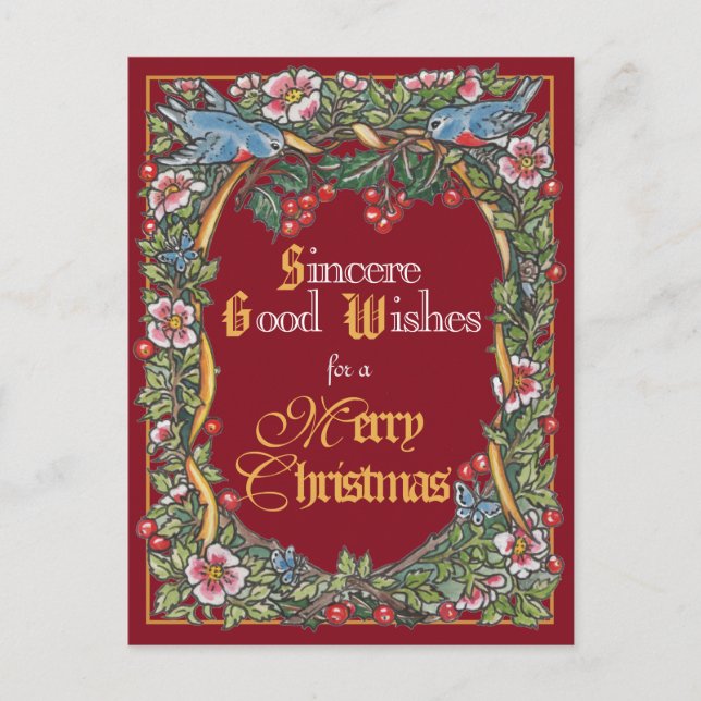 Postal Festiva Navidades victorianos Elegant Bird Holly Burgundy (Anverso)