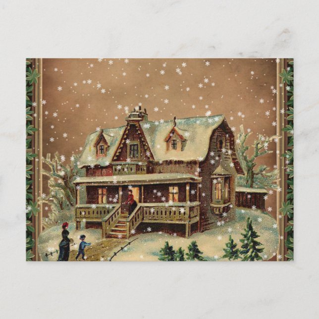 Postal Festiva Navidades victorianos en Ilustracion de invierno (Anverso)