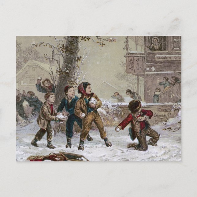 Postal Festiva Navidades victorianos en la lucha de bola de nieve (Anverso)