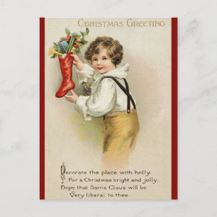 Postal Festiva Navidades victorianos saludando con poema -