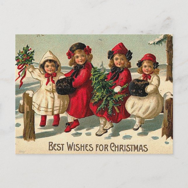 Postal Festiva Navidades Vintage Chicas En La Nieve (Anverso)