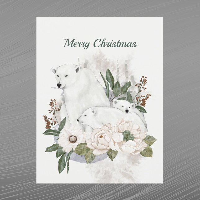 Postal Festiva Navidades White Polar Bears acuarela Floral (Subido por el creador)