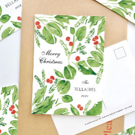 Postal Festiva Navidades Wispy Holly Green y Red Watercolor