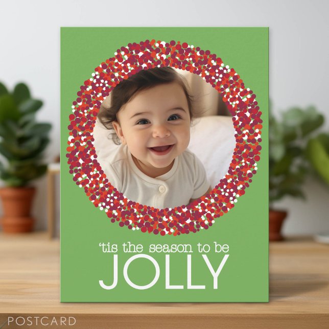 Postal Festiva Navidades Wreath 1 Foto - Pistachio Verde y Rojo (Holiday Photo Postcard)