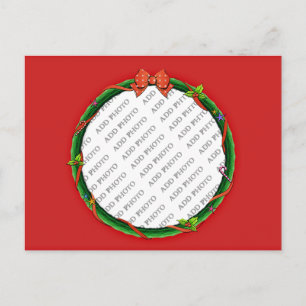 Postal Festiva Navidades Wreath agrega tu foto y fondo rojo
