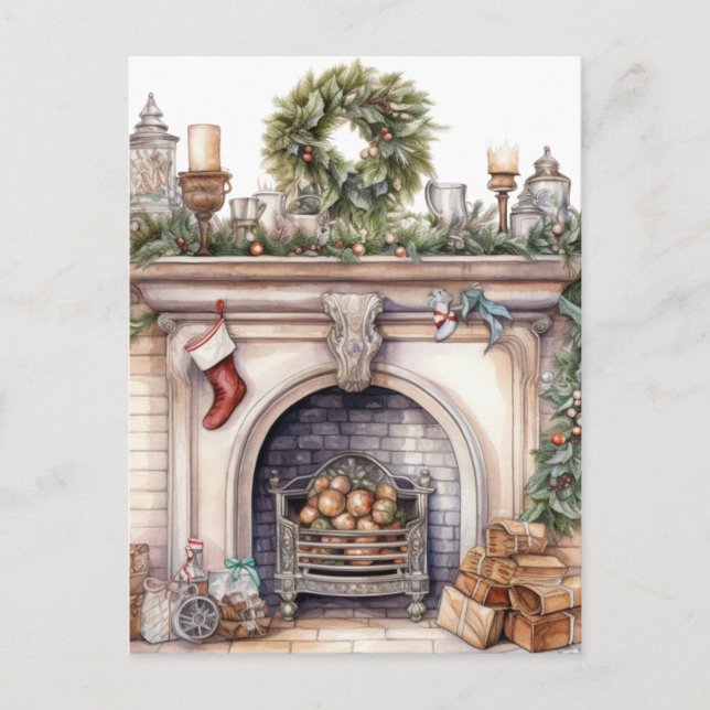 Postal Festiva Navidades Wreath Chimenea (Anverso)