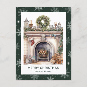 Postal Festiva Navidades Wreath Chimenea Verde copo de nieve