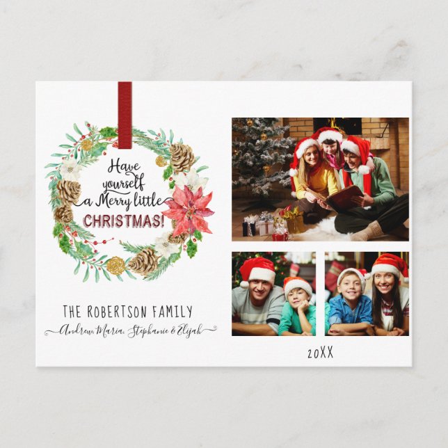 Postal Festiva Navidades Wreath Floral Holly Pine Cone Fotografía (Anverso)