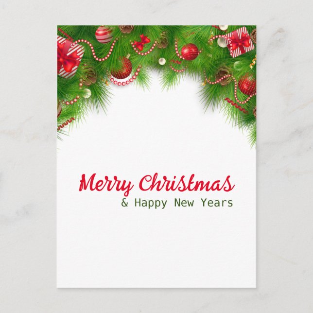 Postal Festiva Navidades Wreath y Bombillas rojas, y presentes (Anverso)