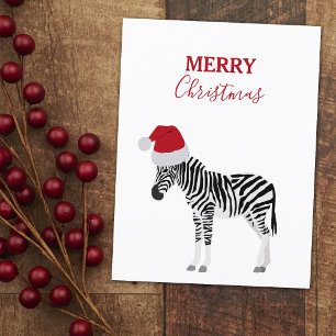 Postal Festiva Navidades Zebra graciosa animal con Santa Hat
