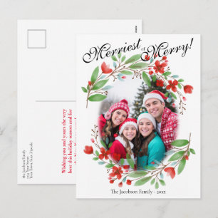 Postal Festiva Navideña Foto Floral Acuarela Rojo Más Alegre