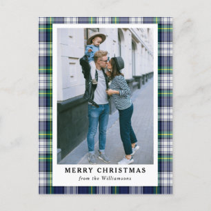 Postal Festiva Navy Blue Tartan Plaid Photo Merry Christmas Card