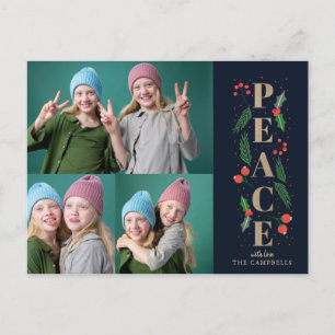 Postal Festiva Navy Pine Holly Berries Gold Peace Foto múltiple