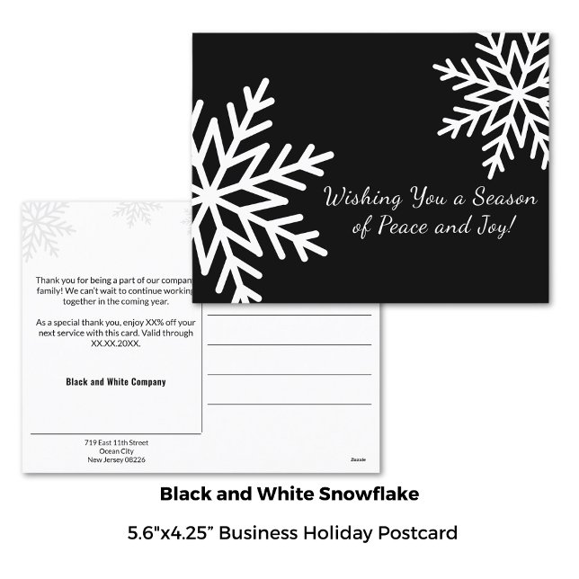 Postal Festiva Negocio mínimo de copos de nieve en blanco y negro (5.6x4.25 Inch, Minimal Black and White Winter Snowflake Business Holiday Postcard)