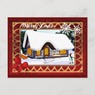 Postal Festiva Nevada en cabaña de invierno con navidades de ping