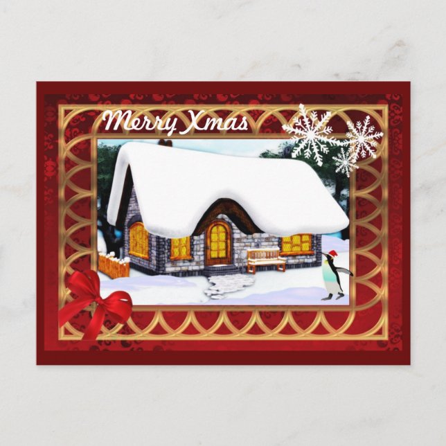 Postal Festiva Nevada en cabaña de invierno con navidades de ping (Anverso)