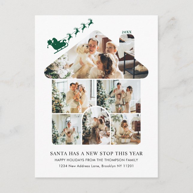 Postal Festiva New Home Photo Collage Green Santa Sleigh Moving (Anverso)