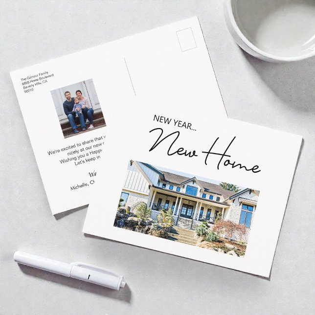 Postal Festiva New Year New Home Moving Announcement photos (CusromModern new year new home horizontal house photo and family postcard. )