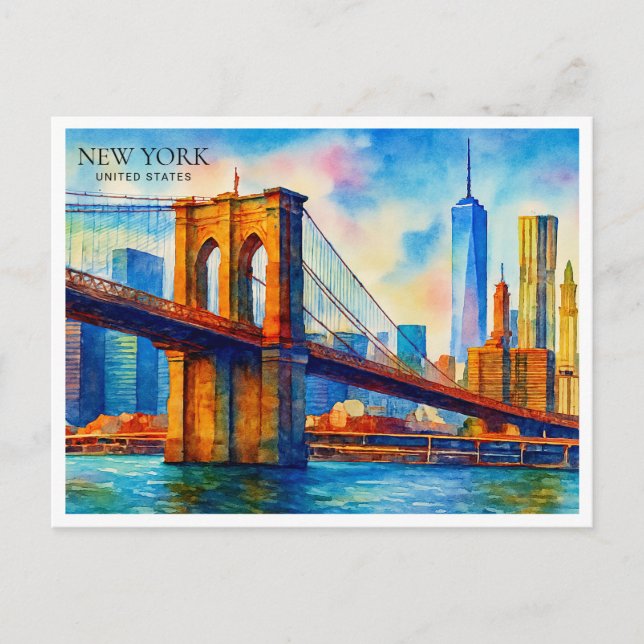 Postal Festiva New York City Brooklyn Bridge Watercolor (Anverso)
