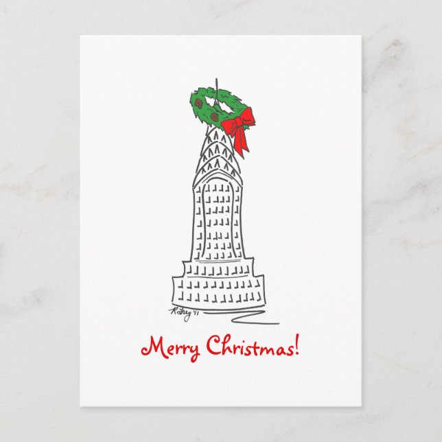 Postal Festiva New York NYC Merry Christmas Skyscraper Wreath (Anverso)