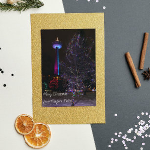 Postal Festiva Niagara cae en la torre Skylon con luces Navidades