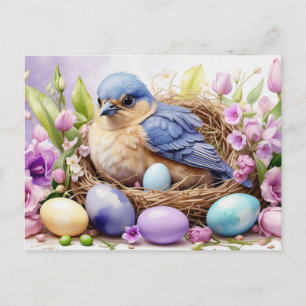 Postal Festiva Nido de pájaro azul y huevos de Pascua, flores 
