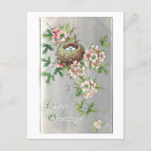 Postal Festiva Nido de pájaro vintage, flores y saludo de Pascua