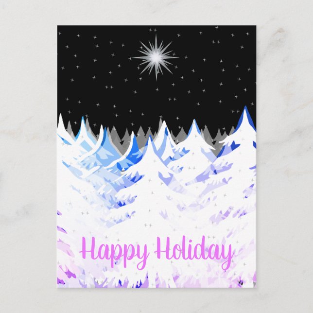 Postal Festiva Nieve en árboles Blue Purple Stars Night Sky (Anverso)