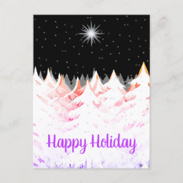 Postal Festiva Nieve en árboles Naranja Estrellas moradas cielo n