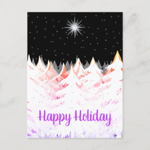 Postal Festiva Nieve en árboles Naranja Estrellas moradas cielo n