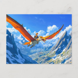 Postal Festiva Niña animada volando Alpes de dinosaurios Pteranod