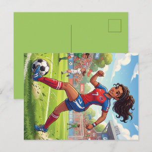 Postal Festiva Niña de dibujos animados linda jugando fútbol